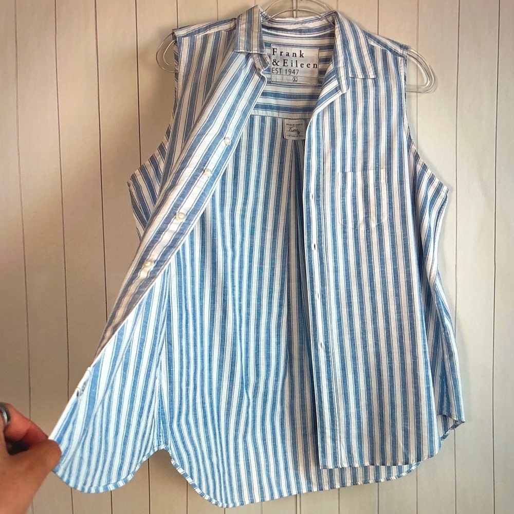 Frank & Eileen Sleeveless Blue and White Striped Button-Up Shirt - Picture 6 of 9